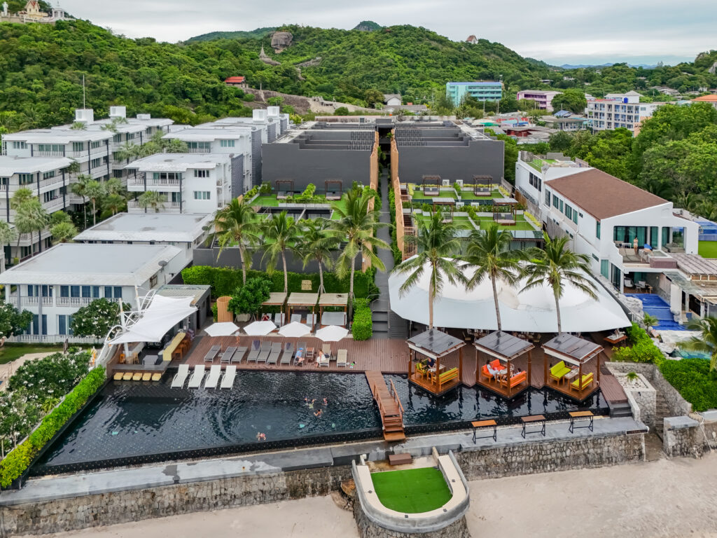 Aerial view of The Yana Villas pool, gardens and pool villas in Khao Takiab, Hua Hin